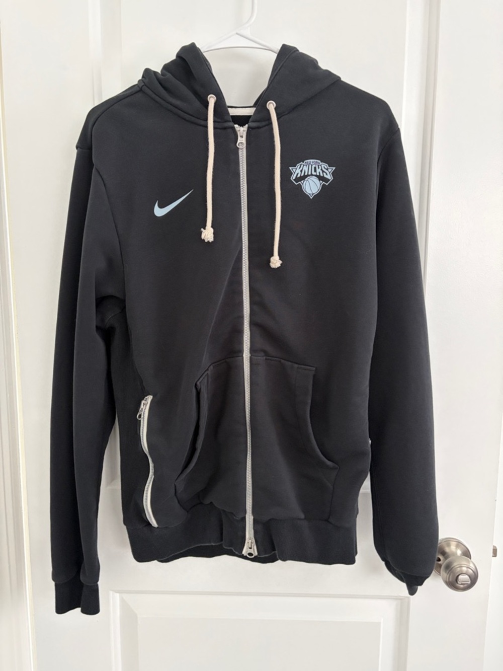 Nike Black Zip Hoodie with Light Blue Logos and Cream Drawcords